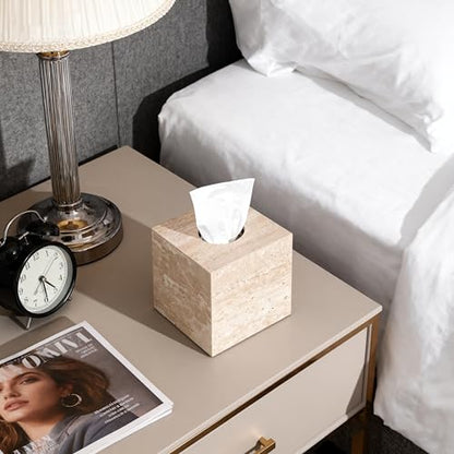 Natural Travertine Marble Tissue Box Holder Cover, Square Cube Tissue Box Holder with Open Bottom for Bathroom Vanity Tops, Bedroom Dressers, Kitchen Countertop, Travertine Beige(NS022) - color: Beige
