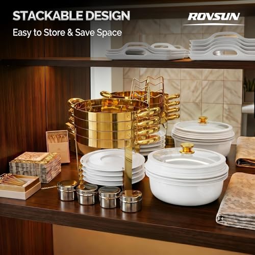 ROVSUN 6QT Chafing Dishes for Buffet 4 Pack, [Game Changer Maifanite-Coated] Chafing Dish Buffet Set, [Unique White & Gold Color] Chafers and Buffet Warmers Sets with Lid Holder for Party Wedding - color: White-gold