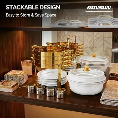 ROVSUN 6QT Chafing Dishes for Buffet 8 Pack, [Game Changer Maifanite-Coated] Chafing Dish Buffet Set, [Unique White & Gold Color] Chafers and Buffet Warmers Sets with Lid Holder for Party Wedding - color: White-gold
