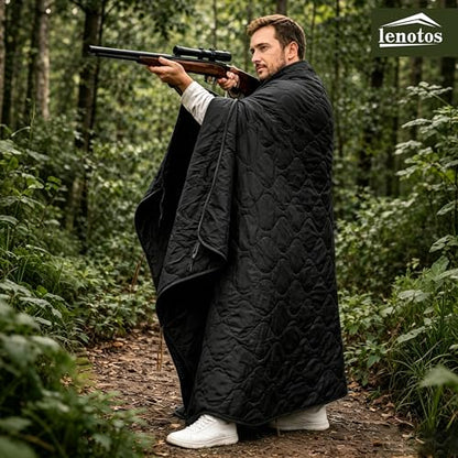 Lenotos Woobie Blanket, Thermal Insulated Military Poncho Liner, Water-Resistant, Portable, Insulation, for Hiking, Survival with Compression Carry Bag (Black) - color: Black