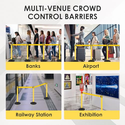 12 Pack Stanchions with Retractable Belts - Heavy Duty Crowd Control Barriers with Weighted Rubber Base, Retractable Belt Stanchions for Queue Line, Events, Public Safety(Yellow，12 Pack） - color: Yellow - 12 Pack, style: Round Base