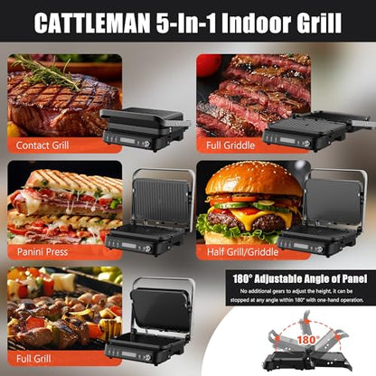 CATTLEMAN 5 in 1 Ceramic Panini Press Grill with Removable Plates, 1600W - color: Black with Reversible Plates