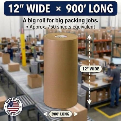 BOX USA Kraft Paper Roll 12 x 10800" (900'), 40# Recycled for Packing - size: 12" x 900'