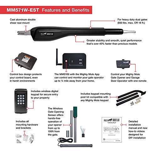 Mighty Mule Gate Opener, Solar and Smart Ready, Heavy Duty Automatic Gate Opener, Gates up to 18ft or 850lb, Single Gate Opener - Estate, MM571W-EST - size: Single Gate Opener - Estate