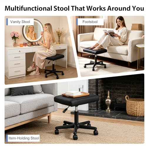 Footrest Stool Under Desk, Adjustable Height Leg Rest Ottoman, 360° Rolling Ergonomic Foot Stool with 5 Lockable Wheels for Home Office Salons, Black