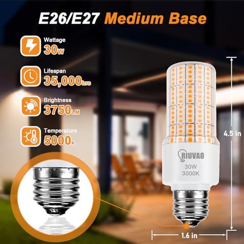 RIUVAO LED Corn Light Bulb 300w Equivalent 3750Lumen 3000K Cool Daylight White 30W E26/E27 Base Ceiling Fan Led Light Bulb for Home Garage Warehouse Indoor Outdoor Led Corn Bulb Pack of 3 - style: 3pck 3000K