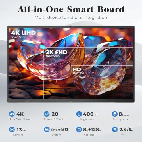 55'' Smart Board, 4K UHD Interactive Touchscreen Whiteboard, Android 14 8+128GB Wireless Smartboard for Classroom Home Office Studio - size: 55"