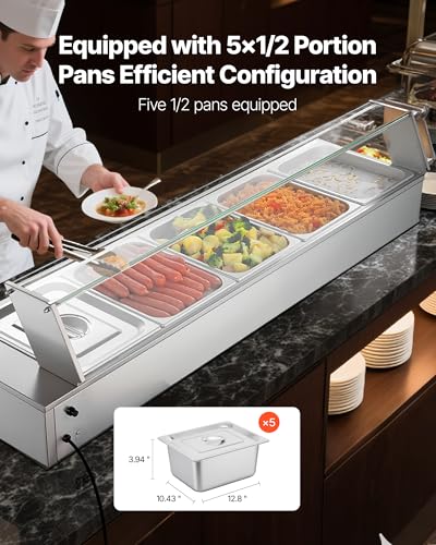 VEVOR Commercial Food Warmer, 1500W Electric Stainless Steel Steam Food Warmer with Glass Cover, Countertop Buffet Bain Marie with Five 1/2 Size Food Pans, for Catering, Restaurant, Party & Buffets - size: 5*1/2Pan