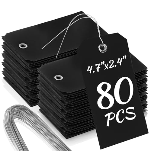 80 Pcs Plastic Tags with Wire for Labeling, Waterproof Blank Shipping & Price Tags Bulk with Metal Eyelet and String, 4.7"x2.4" for Home Office Warehouse Farm Garden Luggage (Black) - color: Black