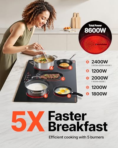 VEVOR Electric Cooktop, 36 inch 5 Burners Built-in Electric Stove Top, 8600W Ceramic Top Radiant Cooktop with Glass Panel, Touch Control, Timer, Child Lock, 9 Heat Level, 220-240V, Hard Wire (No Plug) - size: 36 IN-5 Burner+Touch Control