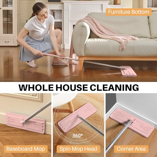 JOYMOOP Flat Mop, Microfiber Cleaning Pad for Floor Cleaning, 60" Long Handle with Flexible Mop Head, Pink - color: M