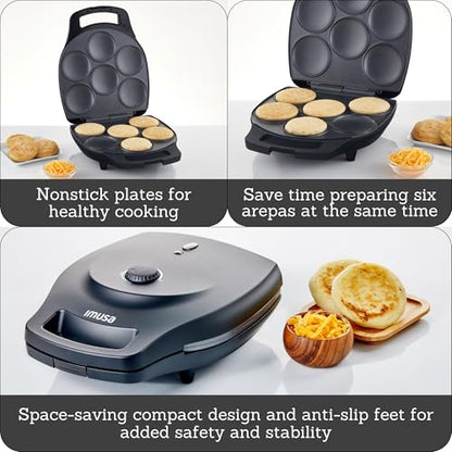 IMUSA 6 Slot Electric Arepa Maker with Temperature Control, Matte Black - size: 6 Slot, style: Arepa maker