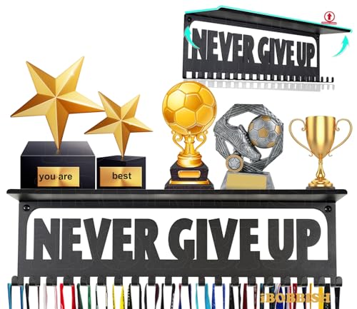 iBobbish Metal Medal Hanger Display,Non-Slip Trophy Shelf with 20 Hooks,Wall Mount,Heavy Duty,Non-Bent,Holds 22-33lbs,for Gymnastics,Race,Soccer,Swim - color: Black, style: NON-SLIP NEVER GIVE UP