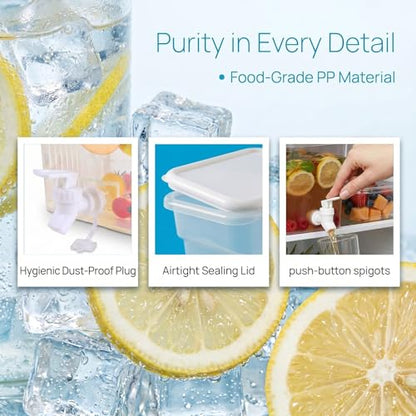 BEWBBAT 4 Pack 1.3 Gallon Drink Dispenser with Spigot for Fridge, Leakproof Plastic Water Container Fridge Beverage Dispenser Ice Juice Dispenser with Spigot for Home Party Restaurant Bar Buffet