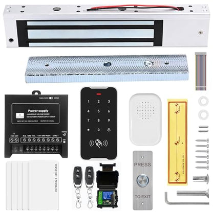Door Access Control System Kit Set with 280kg/600lbs Electric Magnetic Lock, RFID Keypad, Two Remotes,DC12V/5A Power Supply,Stainless Steel Push to Exit Button， 5pcs RFID EM ID Card (C60-Kits) - color: C60-Kits