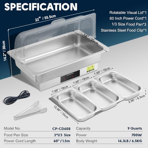 Electric Buffet Server Set with Touch Control, 9QT Three-Section Food Pan (3 × 3QT), Stainless Steel Roll Top Chafing Dish for Catering Buffet - size: 608-Triple Pan