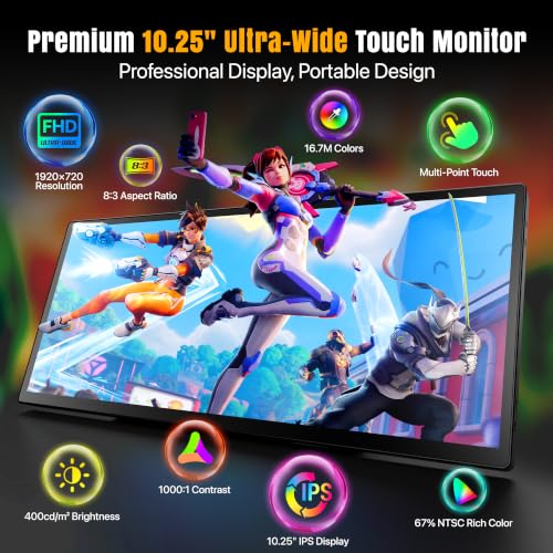 ROADOM 10.25" Mini Touchscreen Monitor, 1920x720 IPS Stretched Bar USB-C - size: 10.25 Inch