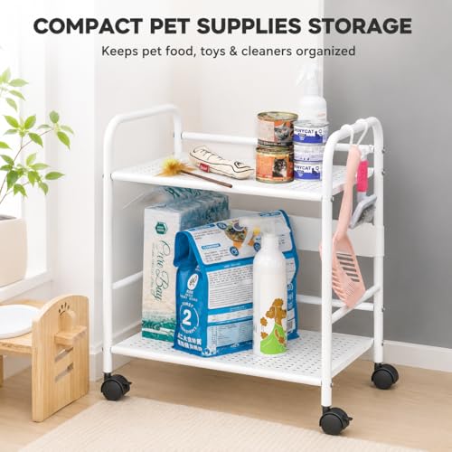 2-Tier Metal Rolling Cart, Compact Under Desk Storage Organizer - color: White
