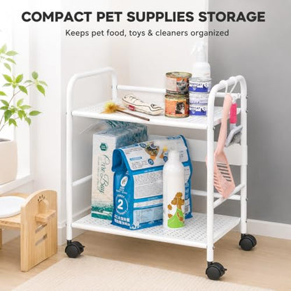 2-Tier Metal Rolling Cart, Compact Under Desk Storage Organizer - color: White