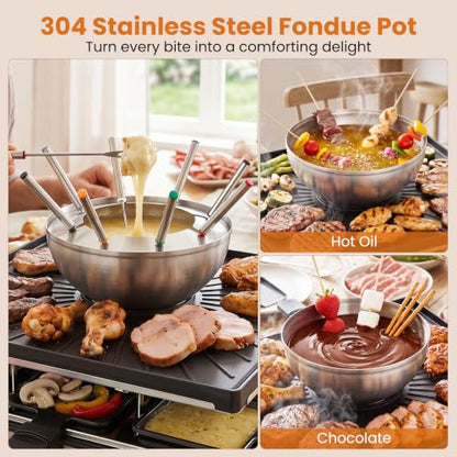 COSTWAY Raclette Table Grill & Fondue Pot, 1800W Electric Grill, 8 People - size: 14.5" x 14.5" x 6"