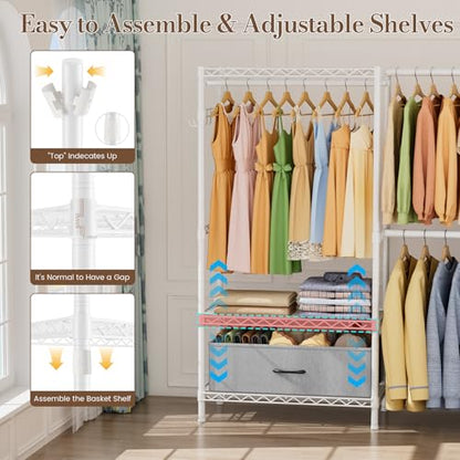 Golpart Heavy Duty Clothing Rack with Adjustable Shelves Clothes Wardrobe - color: White, size: 15"DX(70-88)"WX74.5"H