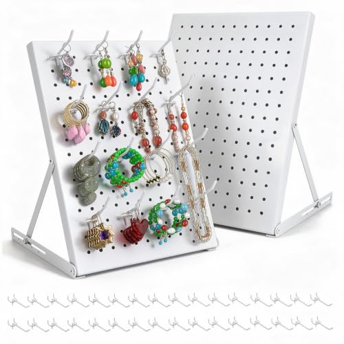 2 Pack Pegboard Display Stand, Metal Peg Board with 32 Hooks, Adjustable Angle & Foldable Design, Thick Steel Panel, Durable Tabletop Rack 16''x12'' for Vendor Display, Craft Show, Jewelry Display (white) - color: white