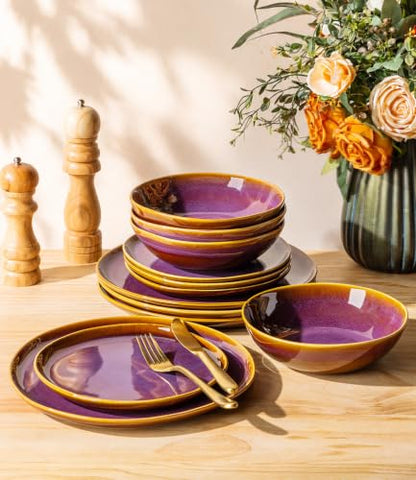 TheTerra Ceramic Dinnerware Set for 4, 12-Piece Plates and Bowls Set - color: Amber Amethyst