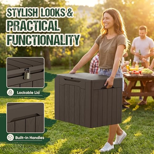 Devoko 29 Gallon Deck Box, Waterproof Resin Outdoor Storage Box - color: Brown, size: 29 Gallon