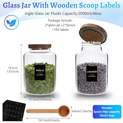 66oz Large Glass Storage Jar with Wooden Lids Spoons Labels Glass Coffee Ground Canister Borosilicate Glass Sugar Flour Container for Cookies Spice Rice Tea(2000ml/67oz-2 pack-with scoop) - color: 2000ml/67oz-2 pack-with scoop