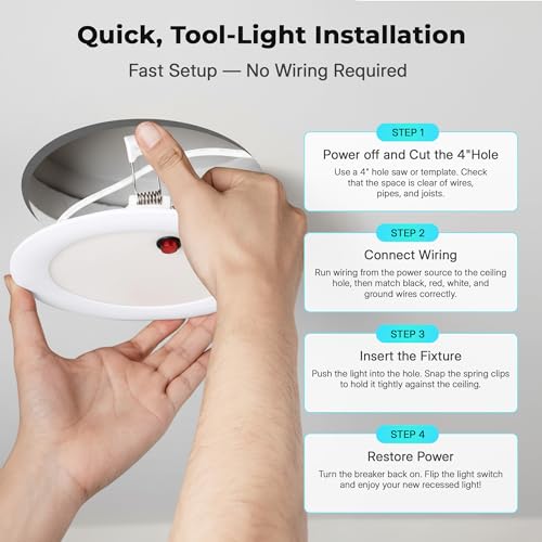 LED & Lighting Solutions 4" Dimmable Ultra Slim, Battery Powered recessed Lights, 9W 720 Lumens, CCT Selectable 2700K-6000K, 4 Inch Ceiling Light w/ 90 Min Battery Backup, ETL/IC/Damp Rated. - color: 5000K, size: 4"