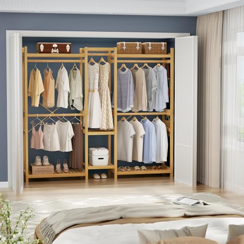 Homykic Bamboo Clothing Rack with 7 Shelves, 5 Hang Rods, 70” Wide, Natural - color: Natural, size: III Large