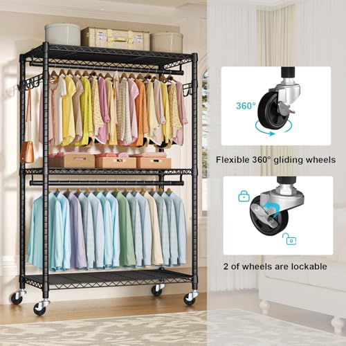 FUTASSI P1 Plus Rolling Clothes Rack, Heavy Duty Portable Closet Wardrobe - color: Black, size: P1 Plus