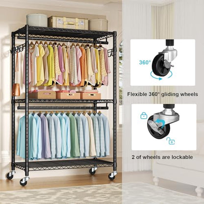 FUTASSI P1 Plus Rolling Clothes Rack, Heavy Duty Portable Closet Wardrobe - color: Black, size: P1 Plus