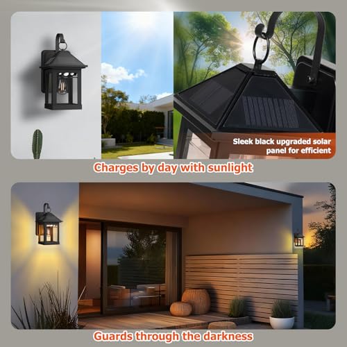 2 Pack Solar Wall Lanterns Outdoor with E26 Bulbs, 3 Modes Motion Sensor