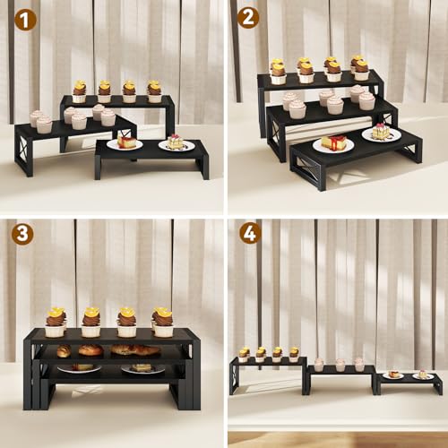 IBUYKE Wood Cupcake Display Stand,Set of 3,Black TLJ019B