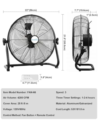 18" Industrial Floor Fan with Remote, High Velocity Heavy Duty Fan, 4200 CFM, 1-2-4 Hour Timer, 3 Speeds, 360° Tilt, Wall-Mounting System Included, for Home, Gym, Office, Garage - size: 18 Inch (1-Pack)