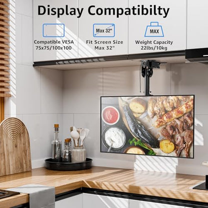 MOUNTUP Folding Under Cabinet TV Mount, VESA 75x75mm & 100x100mm Flip Down & Swivel TV Bracket for Most 13-32" LCD Screens up to 22 Lbs, Height Adjustable Space Saving Under Counter Mount for RV - size: Height 11.8'', Under Cabinet