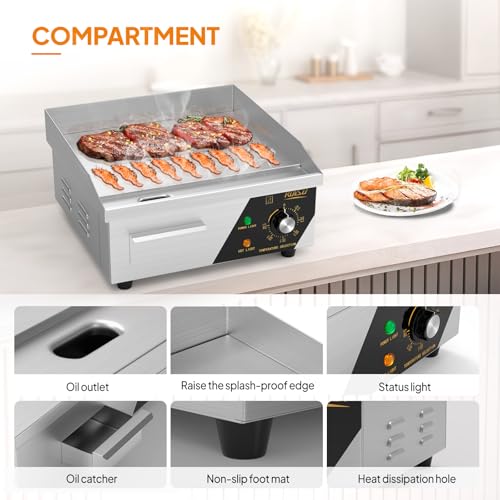 ROVSUN 14" Electric Countertop Flat Top Griddle, 1500W Electric Griddle, Teppanyaki Grill Stainless Steel with Adjustable Temperature Control 122°F-572°F for Home Restaurant Commercial - size: 14"