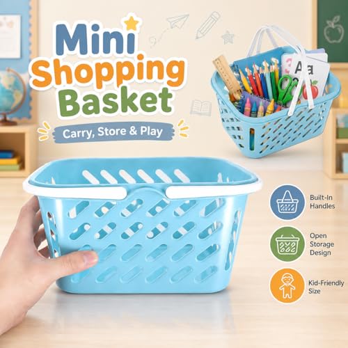 NUOBESTY 1Pc Shopping Basket Toy, Mini Grocery Bin with Handles Kids Pretend Play Blue Plastic Basket for Role Play, Toy Storage, Party Favors (10.24 x 6.69 x 5.12 in)
