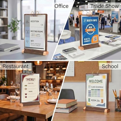 Flip Wooden Sign Holder 4 x 6 with Clear 4-Page PVC Sleeves, Vertical Tabletop Menu Display Stand for Restaurant, Office, Retail Store, Trade Show - size: 4x6, 1 Pack