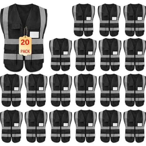 Safety Vests 20 Pack,Hi Vis Construction Vest with 5 Pockets and Zipper,Reflective Vest for Men Women Work One Size - color: Black