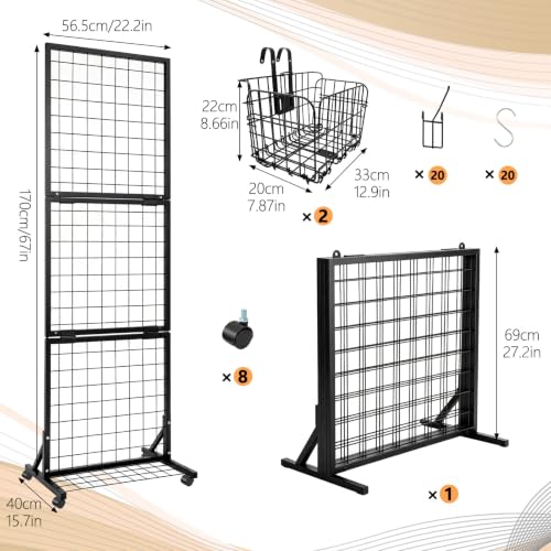 1.9' x 5.6' Grid Wall Panel, Movable Gridwall Display Rack with Hooks