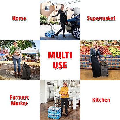 dbest Products Trolley Dolly Compact with Pockets – Foldable Grocery Cart on Wheels – Multi Use Rolling Cart with Removable Bag, Storage Pockets, and Hand Truck Dolly Function, Black - size: Compact