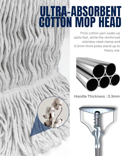 59" Commercial String Mop System, 7" Heavy Duty Metal Frame Wet Mop, 2 Machine Washable Looped-End Heads, Industrial Janitorial Supplies for Warehouse & Gym (59" Mop Kit with 2 Heads)