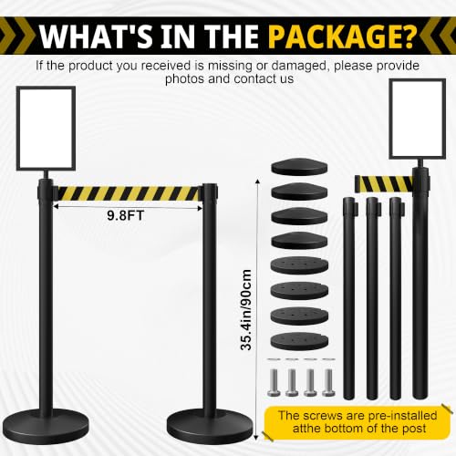 4-Pack Black Stainless Steel Crowd Control Stanchions, 9.8 ft Retractable Black and Yellow Stripe Safety Belts with 1 Sign Holder(Black and Yellow Stripe Belt) - color: Black stanchions w Black and Yellow Stripe Belt, size: 4 pcs