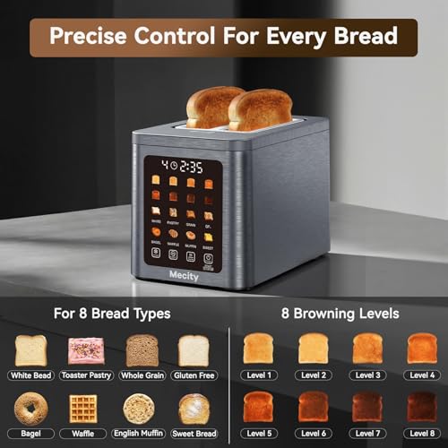 Mecity 2 Slice Smart Touchscreen Toaster, Stainless Steel Wide Slot Toasters with Auto Lift & 30-Minute Warm, Memory Function, Defrost & Auto Shutoff, Digital Electric Bread Toaster for Bagels - color: 2 Slot-Brushed stainless steel gray
