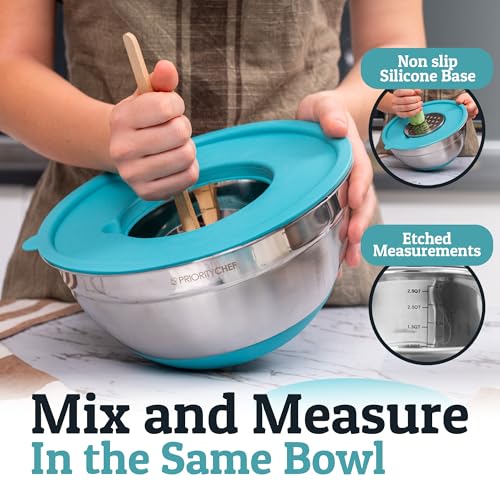 Priority Chef Stainless Steel Mixing Bowls with Lids Set - Premium 30Pcs with 6pc Metal Bowl Set for Kitchen, 3 Graters, Airtight Lids, Non-Slip Bases & Silicone Utensils, Turquoise - color: Turquoise