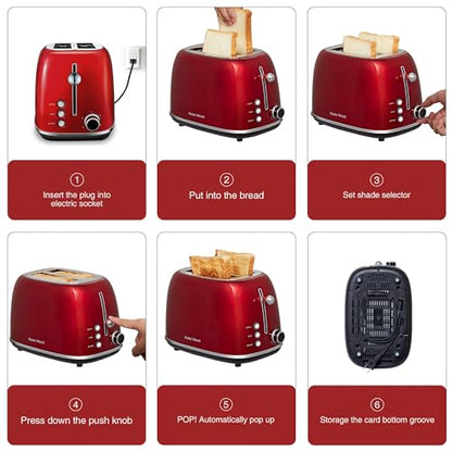 Roter Mond 2 Slice Toaster Retro Stainless Steel with Bagel, Cancel, and Defrost Functions, 6 Bread Shade Settings, Extra Wide Slots and Removable Crumb Tray, Red - color: Red