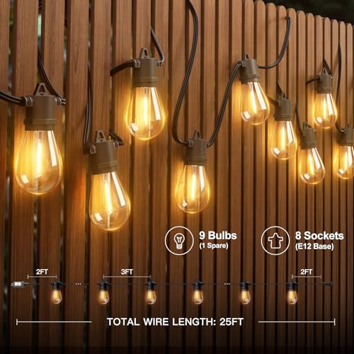 addlon 25FT LED Outdoor String Lights, Waterproof Dimmable Bulbs for Patio - size: 25FT(8 Sockets)