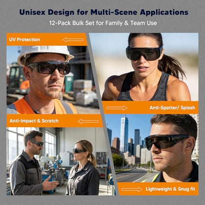 Tinted Safety Glasses Over Eyeglasses 12pk Dark Smoke Lens Safety Goggles ANSI Z87.1 Impact Resistant Fits Over Glasses Dust/Chemical Splash Proof Protective Eyewear for Work Construction - color: 12 Pack/ Gray Glasses